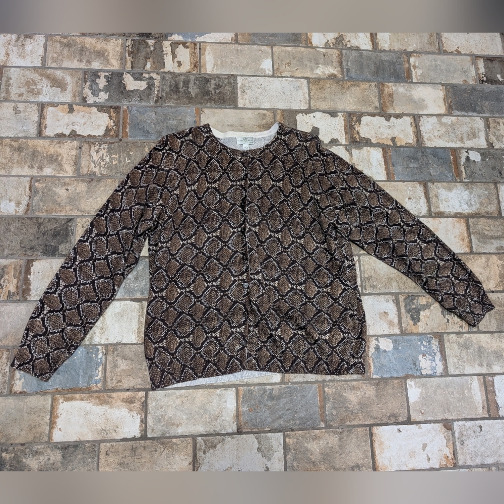 Studio Works 1X Cardigan Sweater Brown Snake Print Cotton Button Up Plus Size